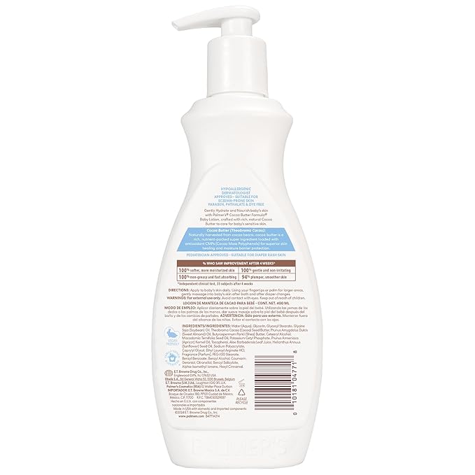 Palmer's Baby Lotion, Cocoa Butter Formula Body Lotion, 13.5 Fl Oz, Gentle Moisturizer for Delicate Skin with Vitamin E & Aloe, Hypoallergenic, 48Hr Dermatologist Tested Baby Essentials,(Pack of 2)
