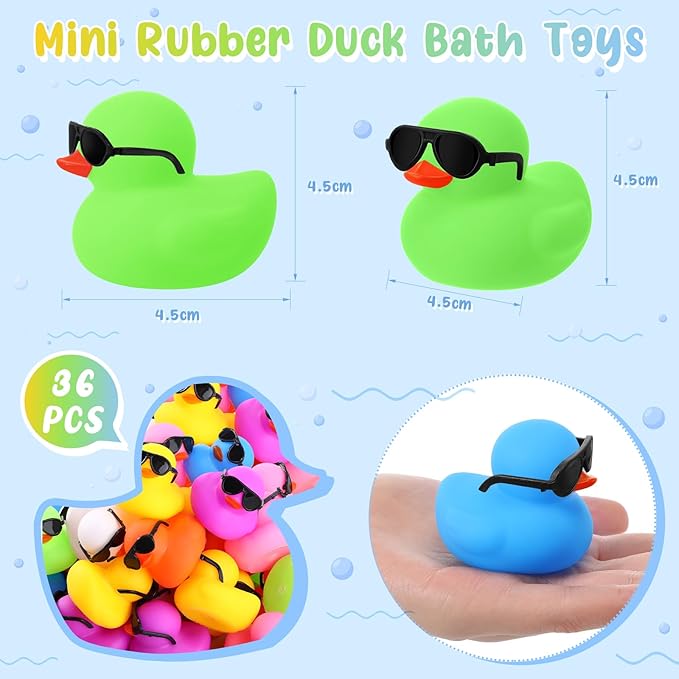 Sosation 36 Packs Mini Rubber Ducks with Sunglasses Sets 2.2 Inch Bath Squeaky Rubber Duckies Cute Float Bathtub Toys for Birthday Party Favors Class Carnival Prizes Car Decor(Multicolored)