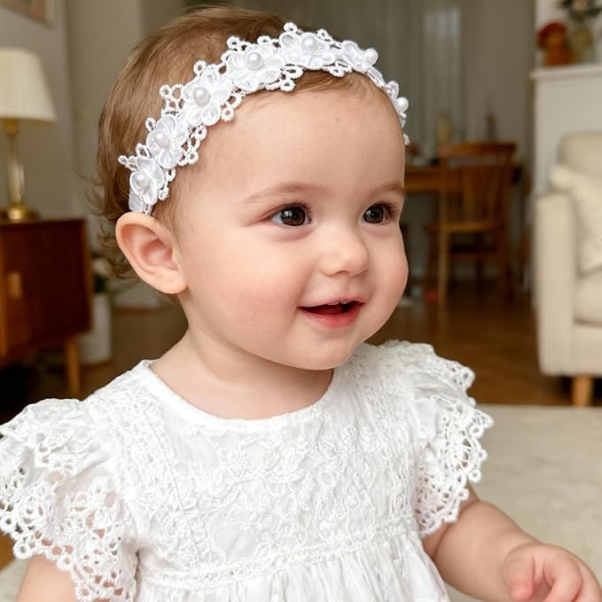Baby Girls Hairband White Bow Lace Headbands Handmade Soft Stretchy Wide Head Band Newborn Hairbands with Bows Pearls Elastic Headband for Infant Hair Accessories (Pearl flowers)