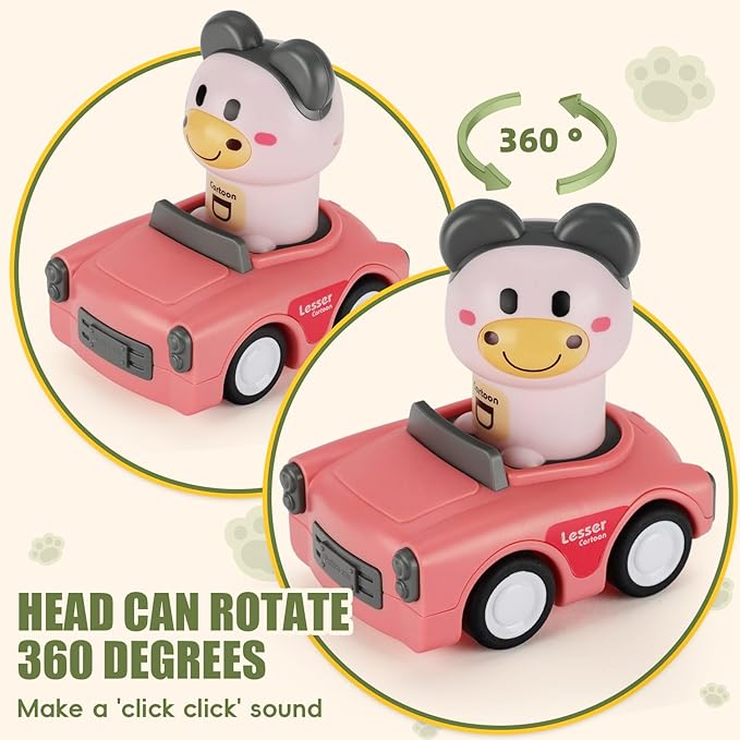 Press to Go Car Toy for 1-3 Year Old Toddler,Animal Push Cars Friction Powered,No Batteries Required, BPA-Free,Easy Clean,Indoor Outdoor Toy for 6-9-12-18 Month,Birthday Gift for 1-2 Boy Girl