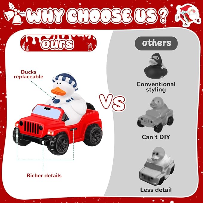 24 Pcs Christmas Rubber Ducks for Jeeps, 3.5 Inch Ducks for Ducking, Off-Road Vehicles Suitable for 2 Inch Ducks, 12 Christmas Rubber Ducks with 12 Cars, Bath Toy Christmas Party Favors Gifts