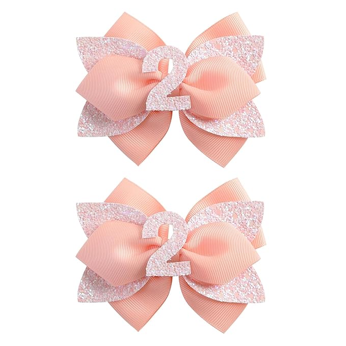 Pink Birthday Hair Bow for Baby Girls - 2Pcs Peach Sprinkle Hair Clips for 2nd Birthday Glitter Baby Bow Party Decorations for Girls Toddlers Hair Accessories (Pink-2 Years)