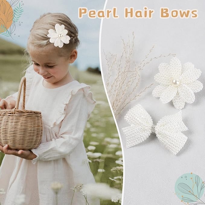 4Pcs Pearl Hair Bows for Girls, White Butterfly Flower Hair Bow Clip Wedding Hair Accessories for Baby Infants Toddlers Kids (Large size)