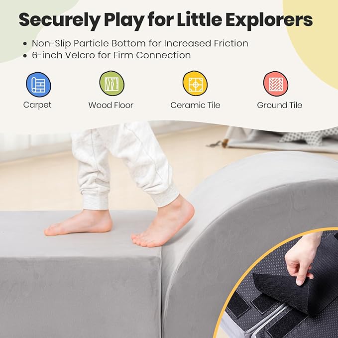Rinnebbit Foam Climbing Blocks for Toddlers, 5-Piece Tunnel Climber and Crawl Playset, Indoor Activity Play with Ball Pit, Machine Washable Velvet Cover, Soft Climbing Toy for Kids 1-3 (Gray)