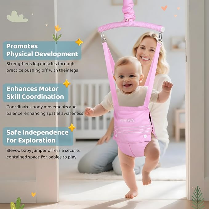 Slevoo Baby Jumper, Baby Doorway Jumper for Babies 6-12 Months, with Easy to Use Clamp and Adjustable Strap, Pink
