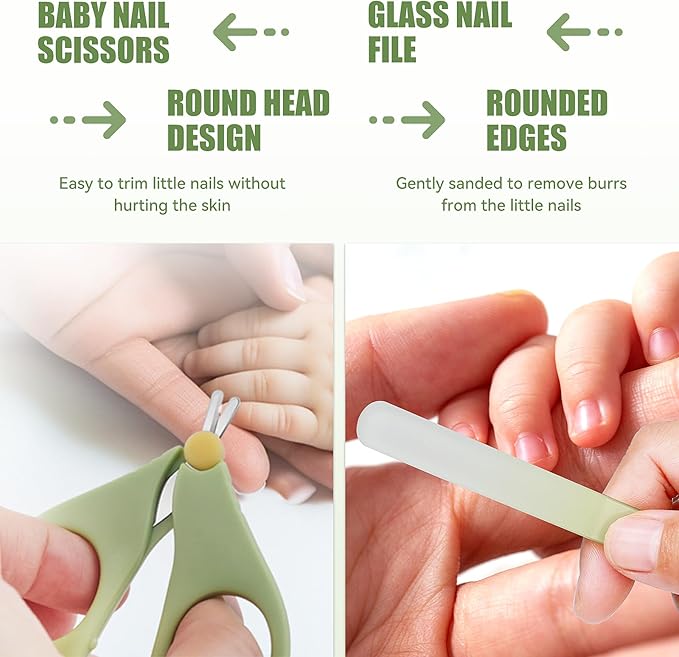 Baby Nail Care Set, 5 in 1 Baby Nail File Clippers Infant Grooming Kit Manicure Set for Newborn, Infant, Toddler, and Kids, Green