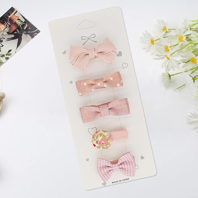 Baby Hair Clips Set – Pink Bow & Floral Print Duckbill Toddler Hair Clips, Fully Wrapped No-Slip Hair Accessories for Girls（5 Pack）