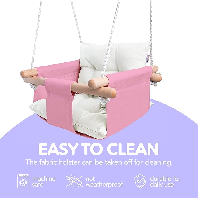 CaTeam - Canvas Baby Swing, Wooden Hanging Swing Seat Chair with Safety Belt, Durable Baby Swing Chair, Outdoor and Indoor Swing for Kids, Mounting Hardware Included, Pink