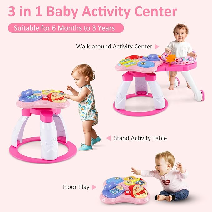 INFANS 3 in 1 Walk Around Baby Activity Center, Baby Walker with Play Table, Wheels, Detachable Seat Cushion, 3 Adjustable Heights, Learning Toys for Boys Girls Aged 6-36 Months (Pink)
