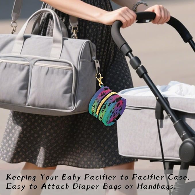Pacifier Holder with Clip Pacifier Case for Diaper Bag Round Baby Pacifier Pouch Box Bag Portable Gradient Paw Prints and Trails