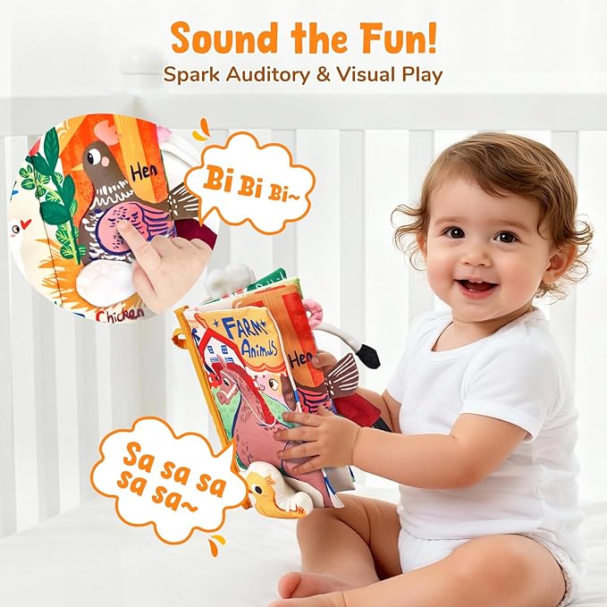 JoyCat Baby Books 0-6-12 Months - Farm Tail Tummy Time Toys - Sensory Touch & Feel Crinkle Cloth Book with Detachable Duck - Newborn Easter Basket Stuffers