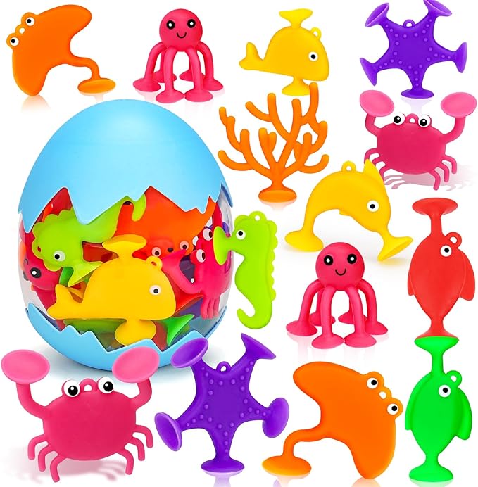 Toddler Suction Cup Bath Toys, Ocean Animal Bath Water Toys for Kids Ages 1-3 3-5 4-8 No Hole Mold Free Bathtub Car Window Toys Travel Trip Essentials for 3 4 5 Year Old Boy Girl Birthday Gift