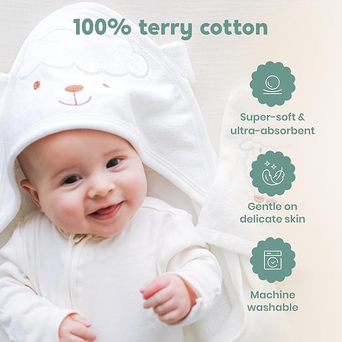 CuddleBug Premium Hooded Baby Bath Towel & Washcloth Set (Bear) - 100% Cotton Terrycloth Hooded Baby Towels for Newborn & Toddler - Super-Soft & Absorbent, Newborn Essentials (33" x 33") - White Lamb