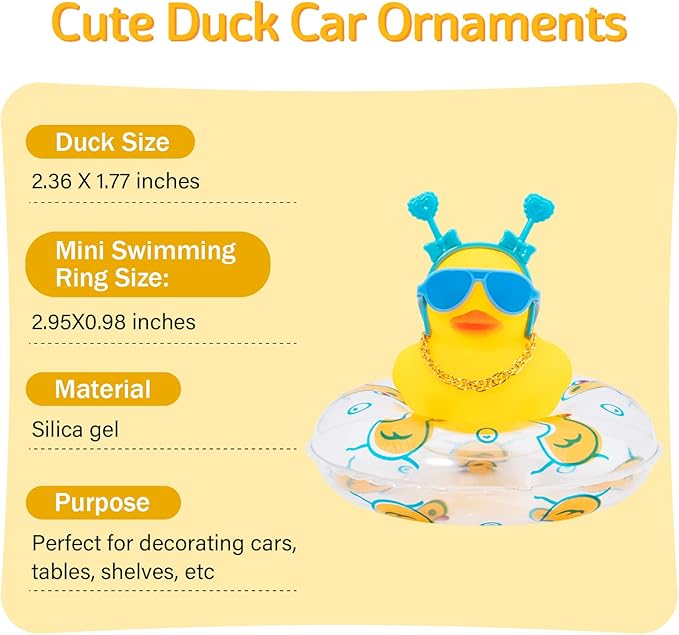 wonuu Car Duck Rubber Duck Car Ornaments Duck Car Dashboard Decorations with Cute Headband Swim Ring Necklace Sunglasses, B-Blue Double Heart Headband
