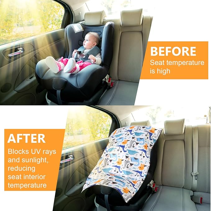 BBTO 2 Pcs Car Seat Sun Shade Cover Car Seat Cooler Toddler Cover Heat Protector Reflective Baby Keep Baby Cool and Child Safety for Travel(Dinosaur)