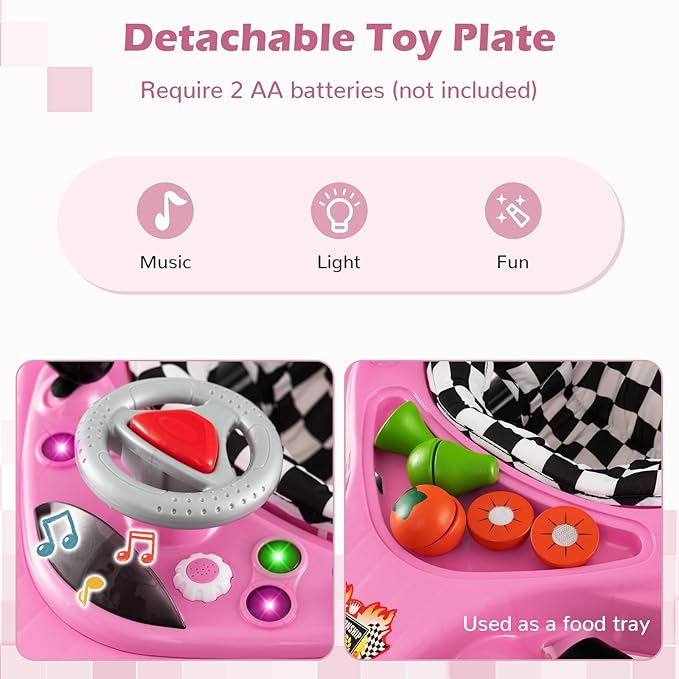 BABY JOY 4-in-1 Baby Walker, Foldable Activity Walker with Adjustable Height, Music & Lights, Anti-Rollover, Toddler Push Walker, Baby Walker with Wheels for Boys Girls 6-14 Months (Pink)