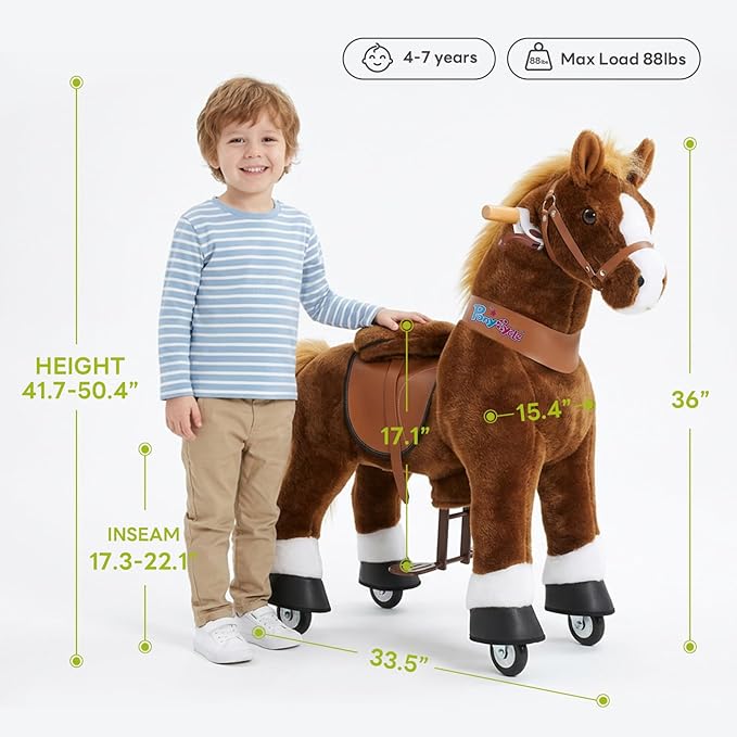 PonyCycle Ride on Horse Pony Kids Ride on Toys Classic Model U (with Brake/ 36" Height/Size 4 for Age 4-7) Riding Horse Walking Horse Toy Plush Brown Ux424
