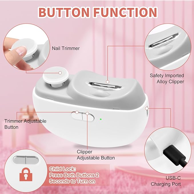 Electric Nail Clipper & Baby Nail Trimmer Polisher 3 in 1 (Not for Toenail) with Nail Scraps Storage, LED Light, 2 Speeds, Rechargeable Fingernail Clipper for Baby, Adults, Seniors, White