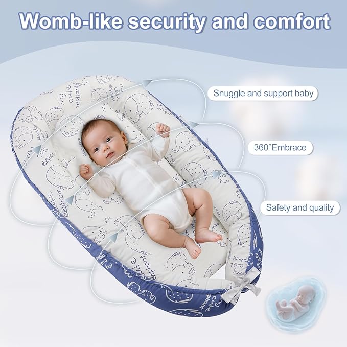 Baby Lounger for Newborn (0-24 Months) - 100% Cotton Baby Nest with Handles, 2-in-1 Play Mat & Diaper Changing Pad, Portable for Home & Travel, Infant Essentials Gifts (Elephant Blue)