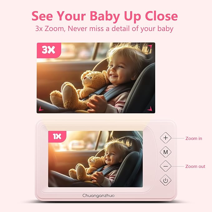 Baby Car Camera with NO.1 Night Vision, 3X Zoom, USB Powered, 5'' HD 1080P IPS Crystal-Clear Car Baby Monitor, Backseat/Carseat Camera for Kids Infants Rear Facing, S100U Light Pink