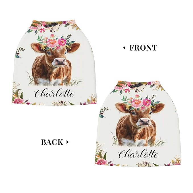 Personalized Cow Baby Car Seat Cover with Name,Multi-Use Canopy for Nursing, Strollers,Shopping Carts,Customized Breastfeeding Cover, Full Privacy,Infant Stroller Cover