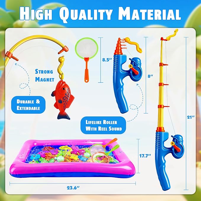 CozyBomB™ Magnetic Fishing Toys Game Set for Kids | Water Table Bathtub Kiddie Pool Party Pole Rod Net, Outdoor Plastic Floating Fish, Toddler Bath Color Ocean Sea Animals Birthday Gift Age 3-5 6 4-8