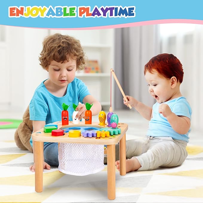 WINGYZ Activity Table, 6 in 1 Wooden Montessori Activity Center with Bead Maze Shape Sorter Fishing Game, Kids Sensory Play Table Toddler Toys 1st Birthday Gifts Boy Girl(Rainbow)