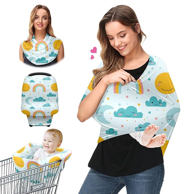 Baby Car Seat Stroller Covers Sun Moon Cloud Rainbow Nursing Cover Breastfeeding Scarf Soft Breathable Stretchy Coverage Carseat Canopy Cover for Boys and Girls Soft Breathable Multi Use