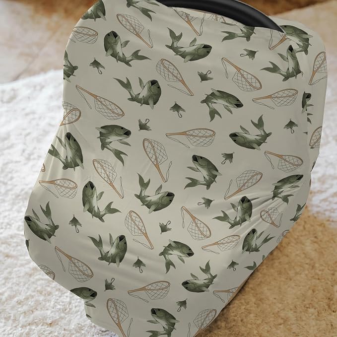 Gone Fishing Baby Car Seat Covers Vintage Bass Fishes Net Lake Stretchy 5-in-1 Cover Adjustable Infant Carseat Canopy Cover Fishing Lovers Gift Nursery Breathable Nursing Cover-Up