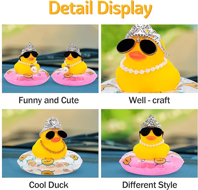 wonuu Car Duck Rubber Duck Car Ornaments Duck Car Dashboard Decorations with Cute Headband Swim Ring Necklace Sunglasses, C-Female Crown&Pearl Chain&Pink