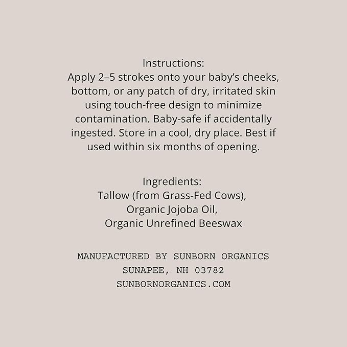 Baby Balm | 3 Natural Ingredient Moisturizing Stick for Eczema Relief, Sensitive Skin & Diaper Rash | Grass-Fed Tallow, Organic Jojoba & Beeswax | Lab Tested Baby-Safe, Made in USA