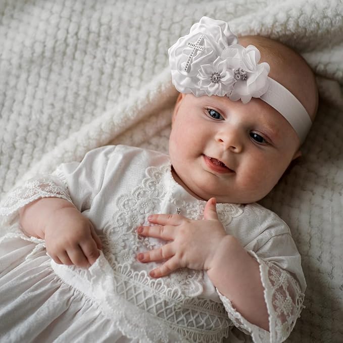 2 Pcs Baby Girls Baptism Christening Headbands Newborn Infant Toddlers Flower Crown Lace Bow Hairband (Cross Rhinestone)