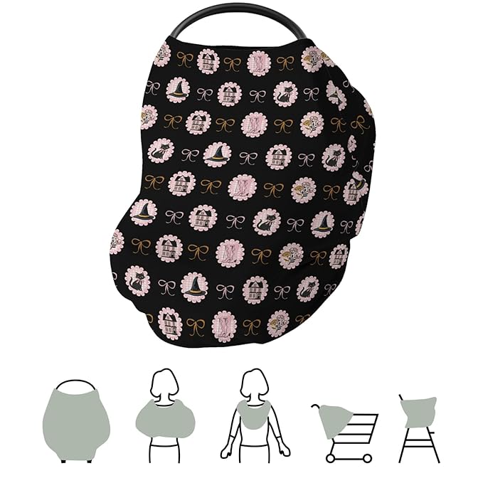 Cute Pink and Black Halloween Baby Car Seat Covers Witch Cat Castle Floral Bows Stretchy 5-in-1 Cover Adjustable Infant Carseat Cover Canopy Spooky Halloween Breathable Nursing Cover-Up