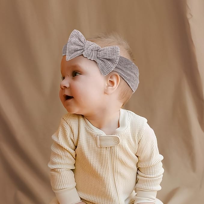 Baby Girls Waffle Headbands with Bows Elastics Handmade Hair Accessories Newborn Infant Toddler Hairbands and Bows Headwrap Kids 3 Packs Yellow Dark Khaki Gray