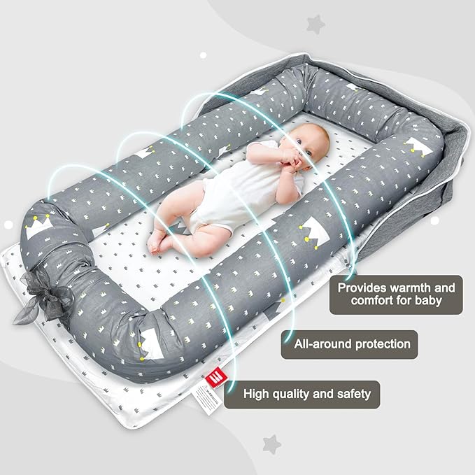 Baby Lounger, Foldable Portable Infant Lounger, Soft Breathable Baby Nest Cover, Suitable for 0-24 Months Newborn Baby Lounger,Home Travel Dual-Purpose Baby Nest(Grey)