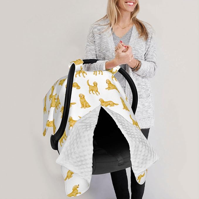 Golden Retriever Carseat Covers Baby, Winter Carseat Cover for Baby, Minky Baby Car Seat Cover for Boy & Girl, Peekaboo Opening Car Seat Canopy for Newborn, Multi Use Mom Nursing Cover