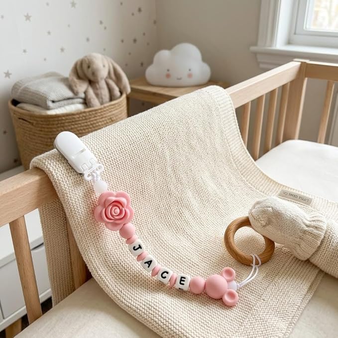 Personalized Pacifier Clip with Name Custom Pacifier Holder with Name Newborn Baby Gift Sets (Flower)