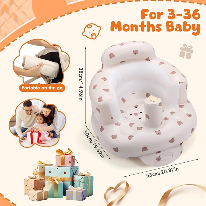 Inflatable Baby Seat for 3-36 Months, Back Support, Built-in Air Pump, Learning to Sit, Blow Up Floor Seat