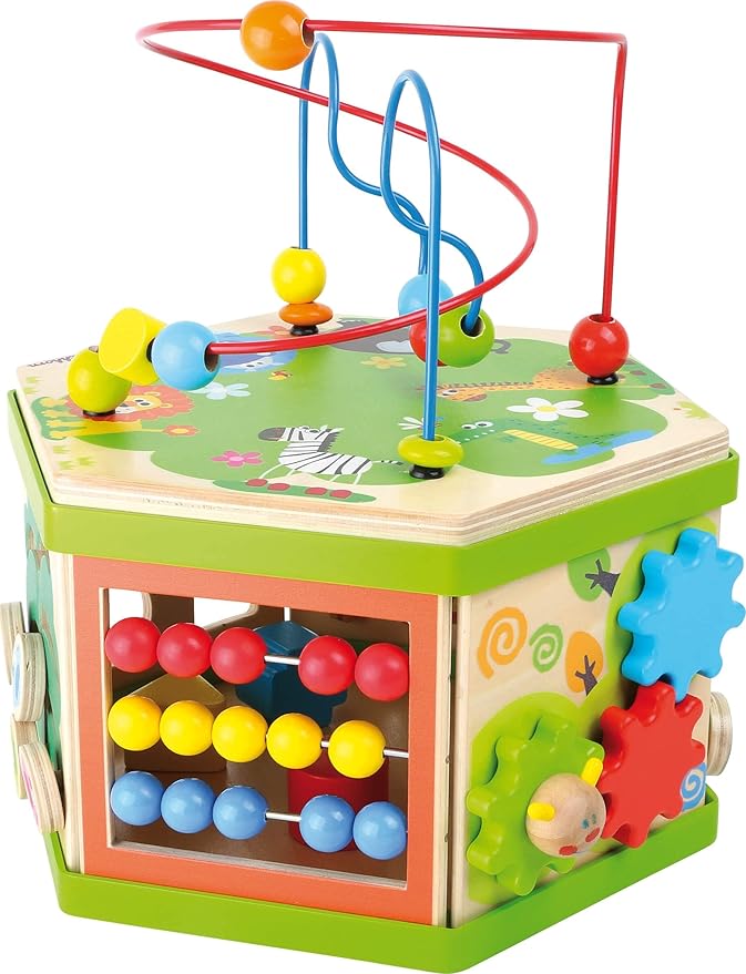 Small Foot Wooden Toys Safari Theme 12" Activity Cube Center 7-Sided Designed for Motor Skills Training Designed for Children 12+ Months, Multi