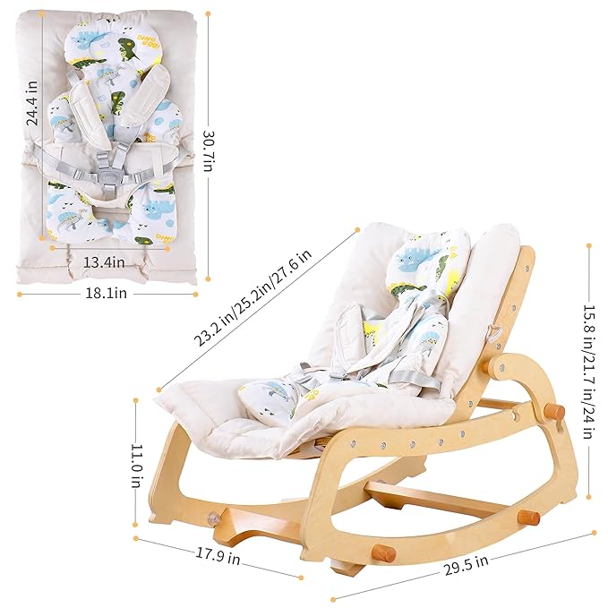 MallBest 3-in-1 Baby Rocker Chair with Double Cushions, for 0-12 Months, Adjustable Wooden Infant Rocker with Removable Cushion and 5-Point Harness for Infant to Toddler (Beige)
