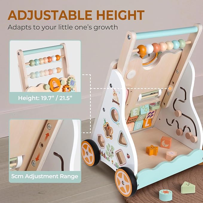 Baby Push Walker, Wooden Baby Walker with Wheels, Montessori Activity Center for 1 2 3 Years Old Boys Girls, Adjustable Speed & Height Push Toy for Toddler Learning to Walk, Kids Development Gift