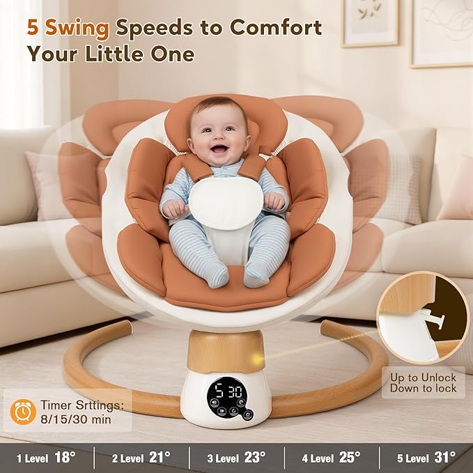 Baby Swings for Infants | Electric Portable Baby Swing with Bluetooth, 5 Swing Speed, 3 Timer Settings, 10 Lullabies, 5-Point Harness & Remote Control | Newborn Swing for Indoor & Outdoor (Brown)