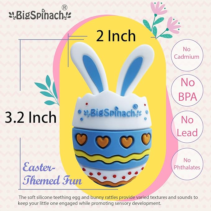 BIGSPINACH Easter Egg Baby Teether,Baby Teething Toy for Pain Relief,Silicone Bunny Rabbit Teether,Easter Gift for Babies,Sensory Toy for Boys & Girl (Blue)
