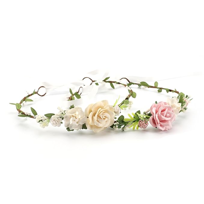 Flower Girl Flower Crown Pink Baby Girls Floral Headpieces Kids Headband Children Hair Wreath Photo Prop (ivory-Child Size)