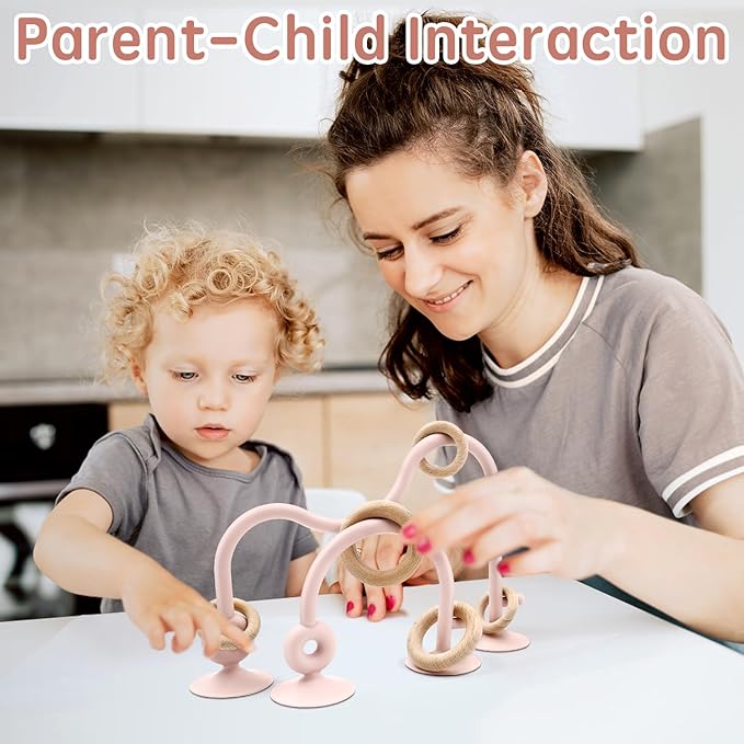 Baby Sensory High Chair Suction Toys for Infant Toddlers 12 18 Months, Food Grade Silicone String with Oak Loop Montessori Educational Parent-Child Baby Bath Toy Gift for Birthday or Easter (Pink)