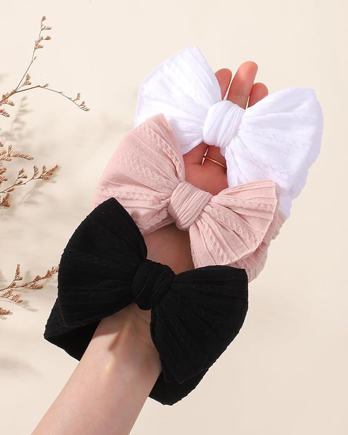 jollybows 3PCS Baby Bows Headbands Soft Nylon Baby Girl Headbands for Newborn Infant Toddler Kids Cute Bow Wide Hairbands Hair Accessories(Black+White+Deep Pink)