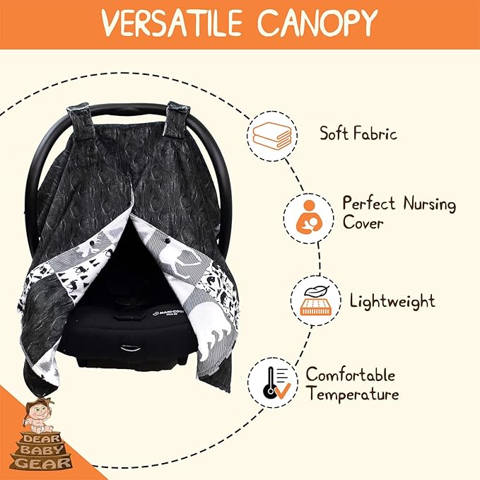 Dear Baby Gear - Infant Carseat Canopy and Winter Covers - Cozy Baby Car Seat Cover for Girls and Boys - Stroller Cover - Mountains Moose & Bear - Faux Quilt/Woodgrain 40" x 30"
