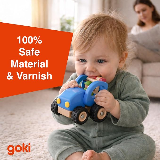 Goki Wooden Tractor Toys for Toddlers 1-3 (Blue) Durable Push Car for Ages 2+ Farm Play Vehicle - Eco-Friendly Wooden Baby Toy - Supports Early Motor Skills - Sustainable Wood Construction