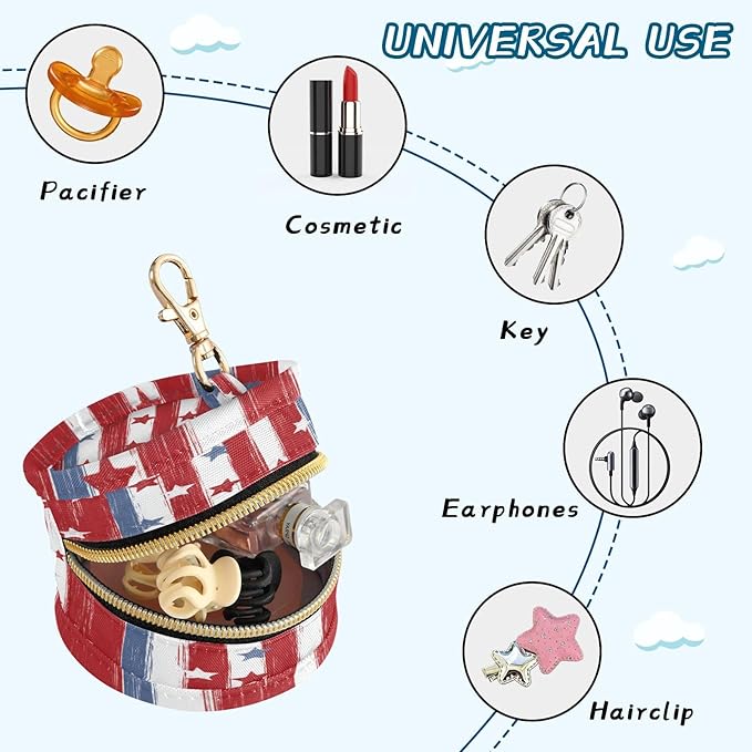 Pacifier Holder with Clip Pacifier Case for Diaper Bag Round Baby Pacifier Pouch Box Bag Portable Red and Blue Stars Independence Day01