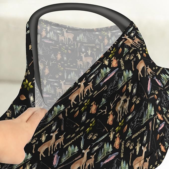 Fishing Hunting Life Baby Car Seat Covers Deer Bass Fish Forest Animal Stretchy 5-in-1 Cover Outdoor Adventure Adjustable Car Canopy Cover Nature Lover Gift Breathable Nursing Cover-Up